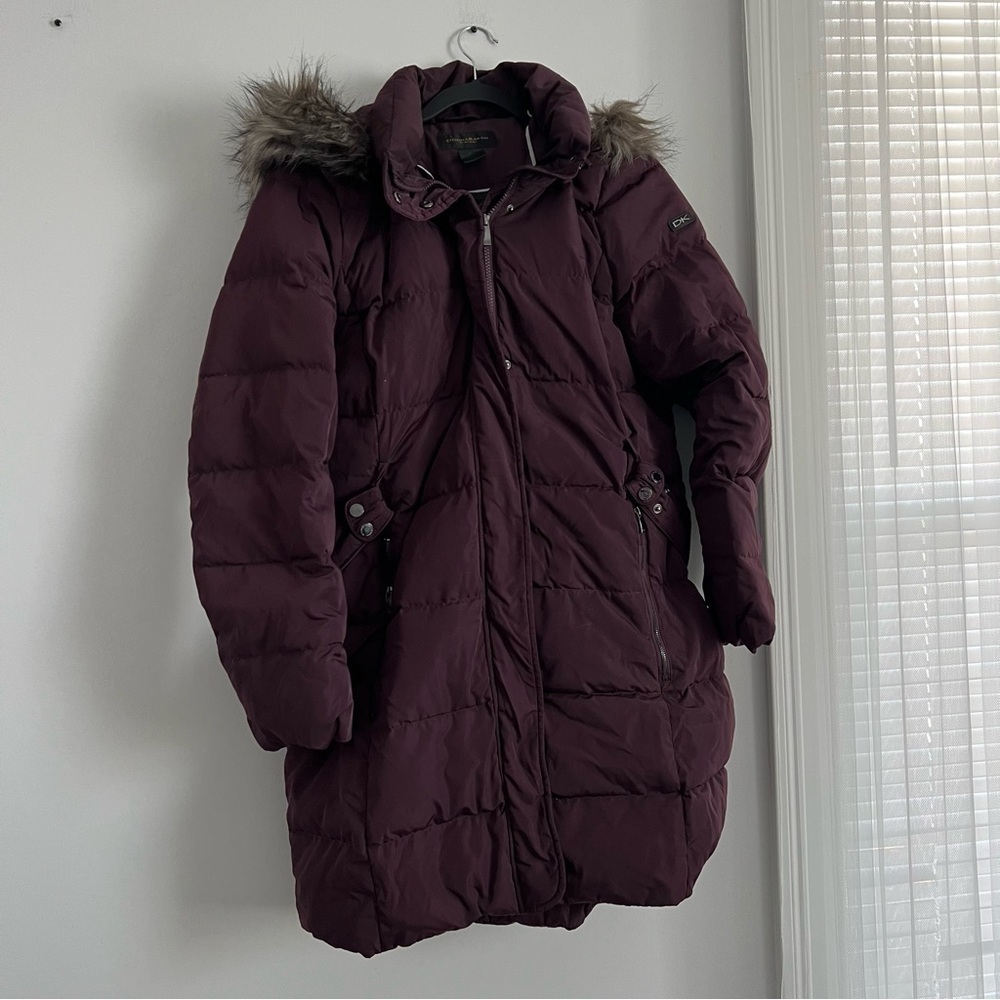Donna Karan Deep Purple Puffer Jacket with Faux Fur